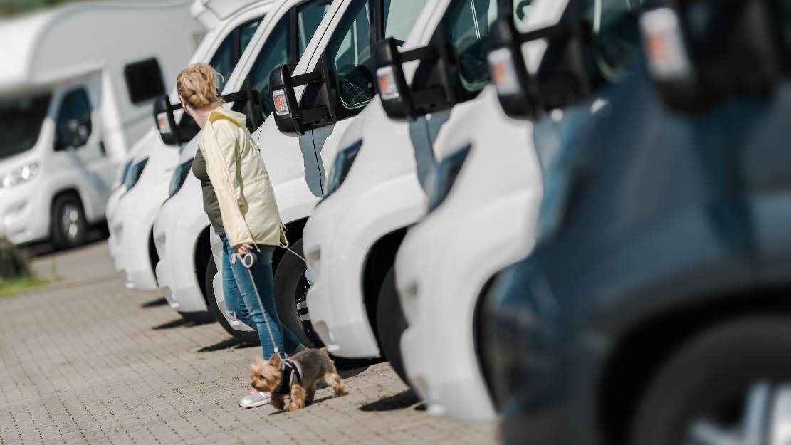 A row of camper RVs with a woman walking her dog in front of them.